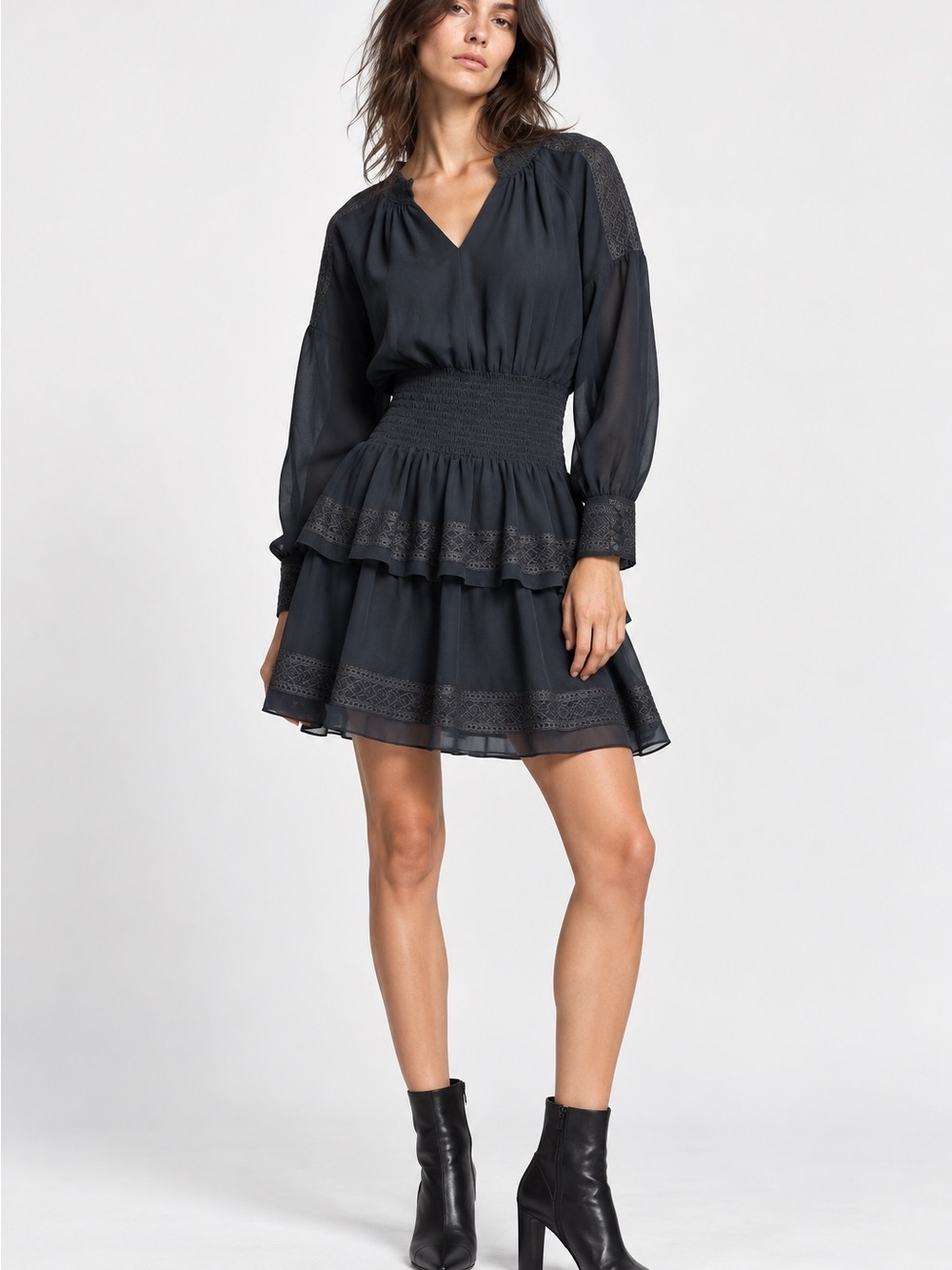 Rebecca Minkoff Black Embroidered Chiffon Tiered Mini Dress Size S Smocked waist